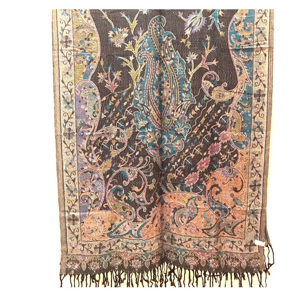 Oversized Black Scarf with Mulicolor Pattern